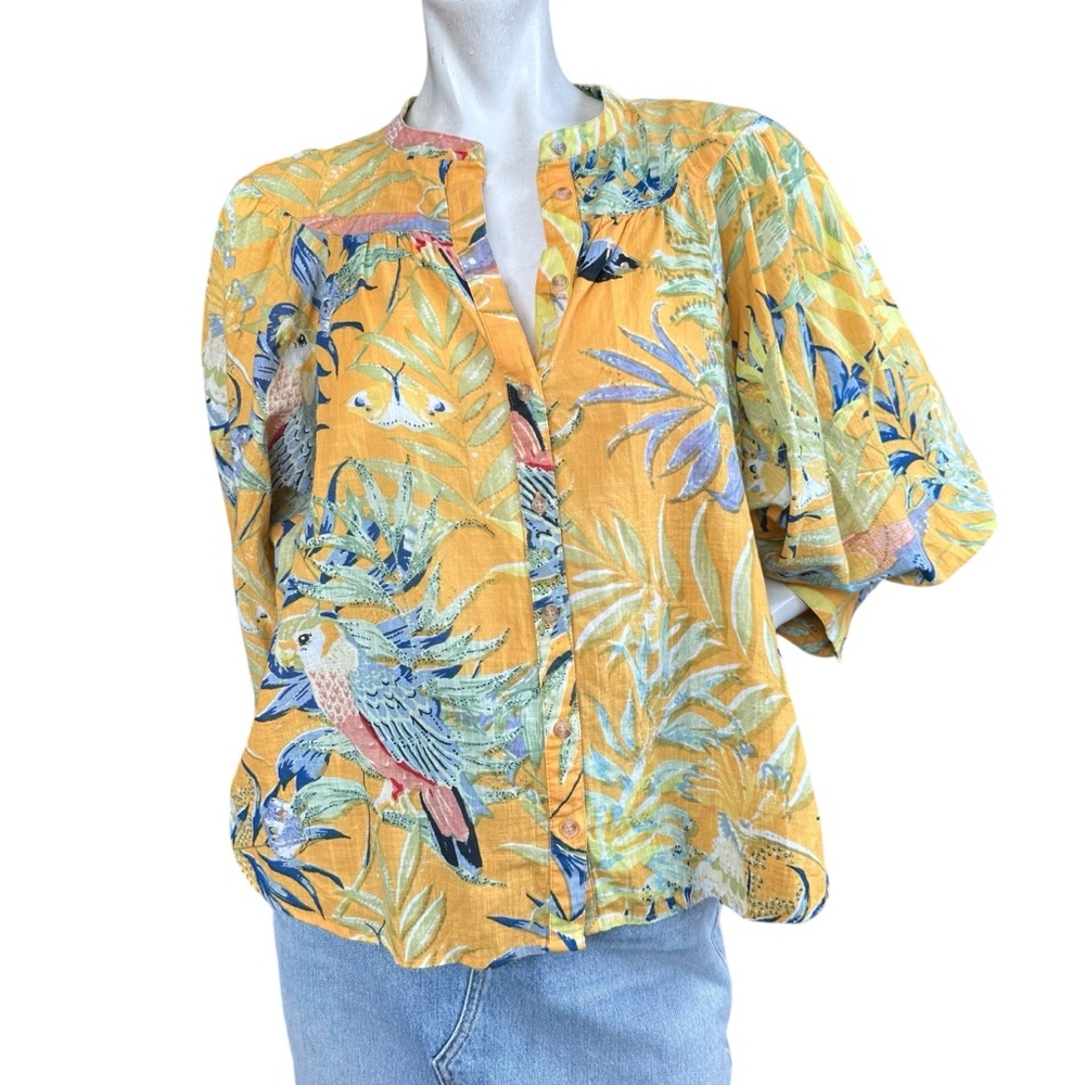 Anthropologie Maeve Yellow Toucan Butterfly Tropical Print Puff LS Blouse Medium